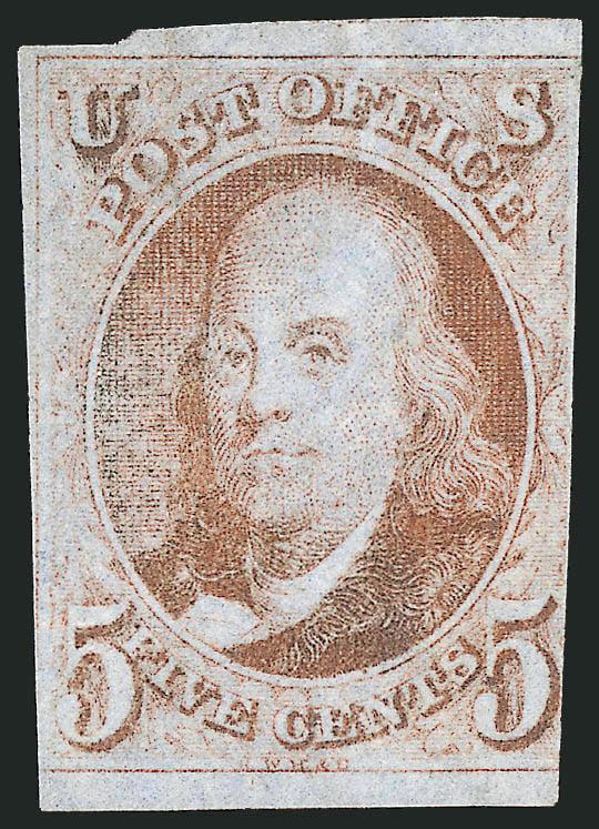 5c Red Orange (1c).> Trace of original gum, nearly three margins (partially touches at left), cut in at right, tiny corner crease bottom right, rare shade, with 1996 P.S.E. certificate which does not mention
the trivial corner crease and 2002 P.F. ce