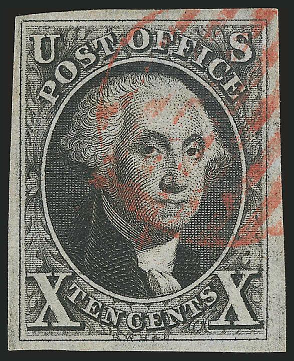 10c Black (2).> Ample to large margins, intense shade and proof-like impression, light strike of red grid cancel, Very Fine and choice, a pretty stamp, with 2008 P.F. certificate