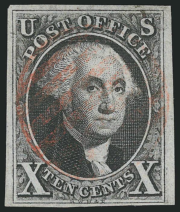 10c Black (2).> Large to full margins, intense shade and impression, light strike of red grid cancel, light horizontal crease and tiny corner crease at top right, appears Very Fine