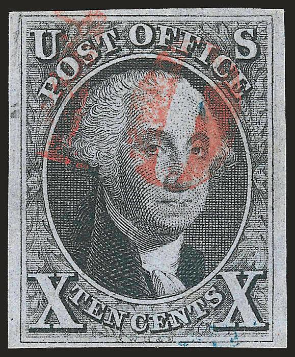 10c Black (2).> Ample to large margins, excellent impression on nicely blued paper, light <red numeral 10 cancel,> Very Fine and attractive