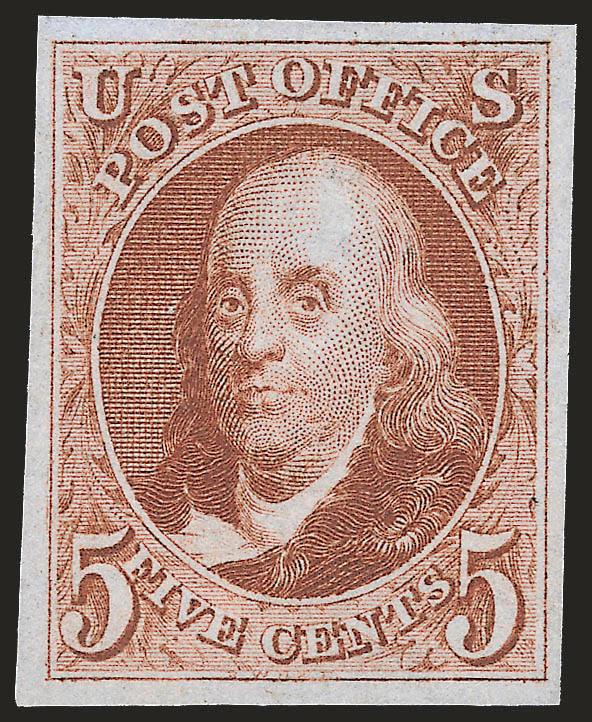 5c Red Brown, Reproduction (3).> Without gum as issued, large margins, bright and crisp, Extremely Fine, with 2009 P.S.E. certificate (XF 90 SMQ $1,000.00)