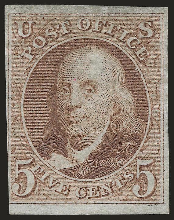 5c Red Brown, Reproduction (3).> Without gum as issued, three ample to large margins, ample to barely in at left, tiny edge wrinkles at right, Fine