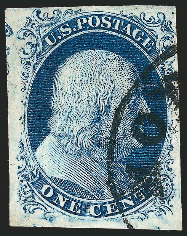 1c Blue, Ty. II (7).> Position 2R4, huge margins to just barely in at upper right ornament, neatly cancelled by town datestamp, gorgeous Plate 4 color and early impression, Very Fine and choice, scarce, Plate 4
Type II stamps only come from the top r