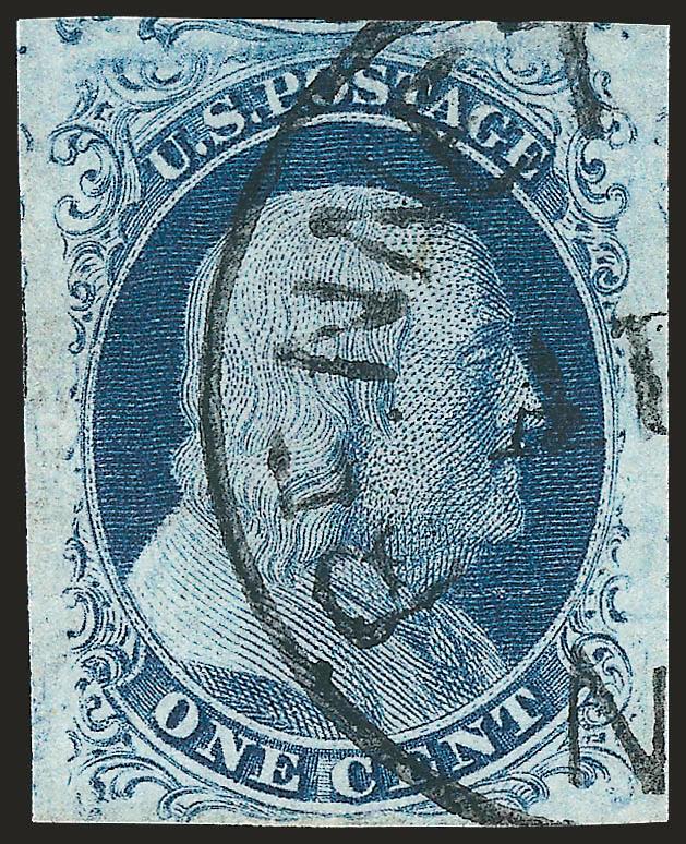 1c Blue, Ty. II (7).> Large margins, dark shade, neat circular datestamp, Extremely Fine, with 2007 P.S.E. certificate (XF 90 SMQ $365.00)