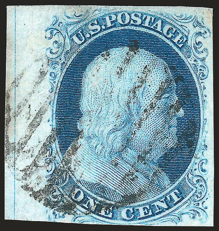 1c Blue, Ty. IIIa (8A).> Plate 1E, clear to huge margins incl. <sheet margin and center line> at left, deep rich color, neat grid cancel, Very Fine and choice, with 1994 P.F. and 2006 P.S.E. certificates (VF-XF
85 SMQ $1,450.00)