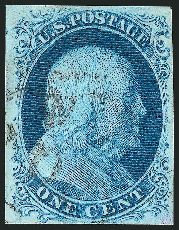 1c Blue, Ty. IIIa (8A).> Plate 4, ample margins all around, lovely rich color, light circular datestamp, Very Fine, with 2009 P.S.E. certificate (VF 80 SMQ $1,050.00)
