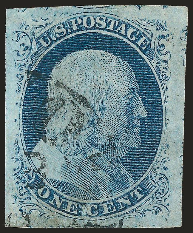 1c Blue, Ty. IV (9).> Huge margins showing bits of three surrounding stamps, light circular datestamp, very faint soiling, still Extremely Fine