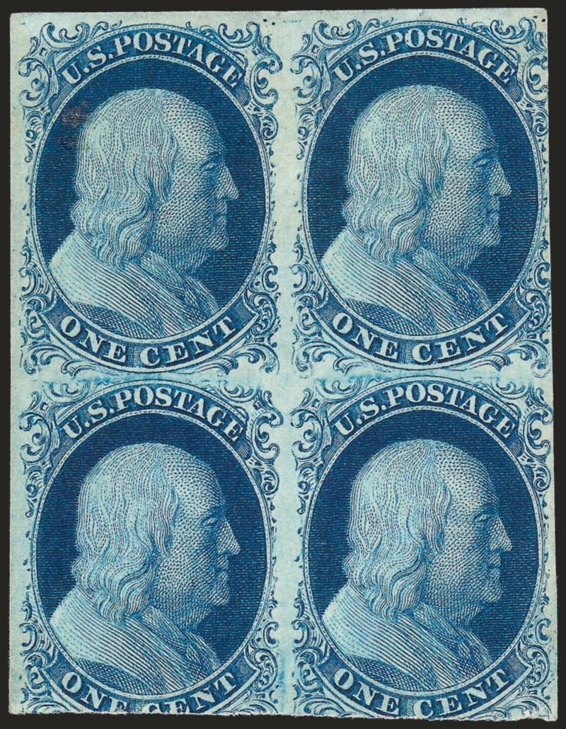 1c Blue, Ty. IV (9).> Positions 6-716-17R1L, block of four, bottom stamps Mint N.H., top stamps lightly hinged, large margins to just in at bottom and top right, wonderful deep rich color, a remarkable early
impression from Plate 1 Late<><>^FINE-E