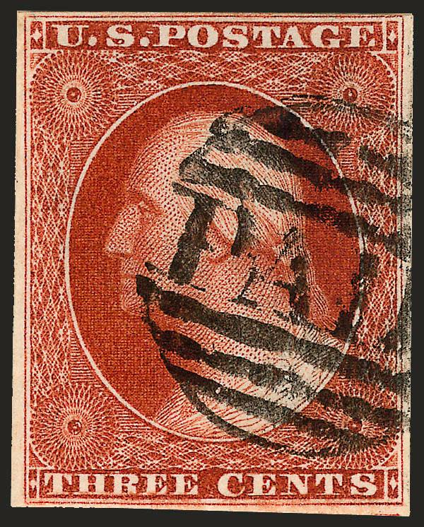 3c Orange Brown, Dull Red (10-11A).> 13 used stamps, beautifully mounted on printed index cards representing each of the 13 plates or states of plates used for the 3c imperforate issues, cards detail the colors
and recuts found on each plate, also a