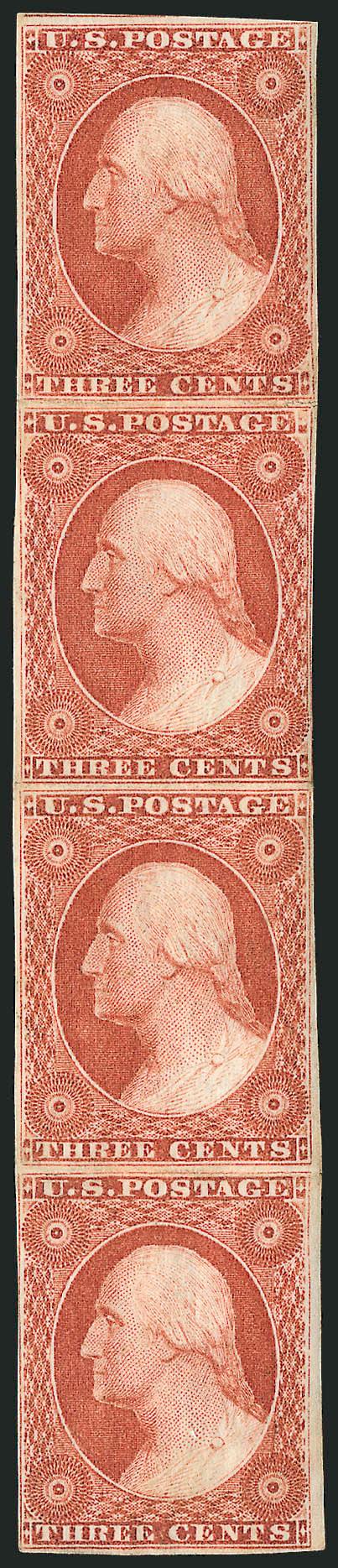 3c Orange Brown, Ty. I (10).> Positions 60708090R1, vertical strip of four, original gum and possibly Mint N.H. (it is difficult to make an exact determination), mostly clear to large margins all around except
just barely touching outer frame line
