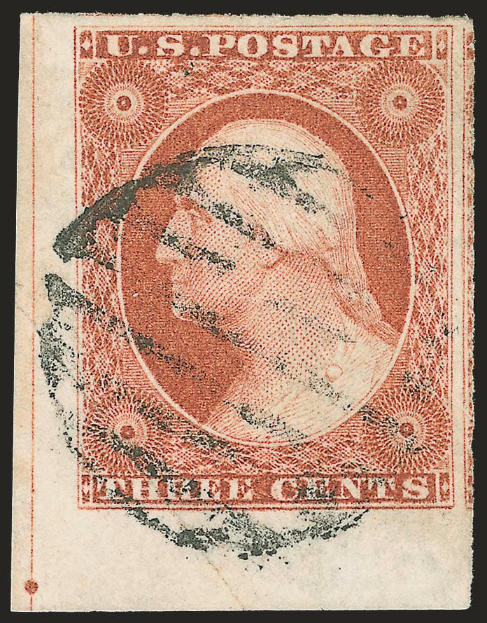 3c Orange Brown, Ty. I (10).> Position 91R1i, enormous margins all around incl. <bottom left corner sheet margins with full guideline and part of adjoining stamp at right,> rich color, neat strike of grid
cancel, faint diagonal crease at bottom left