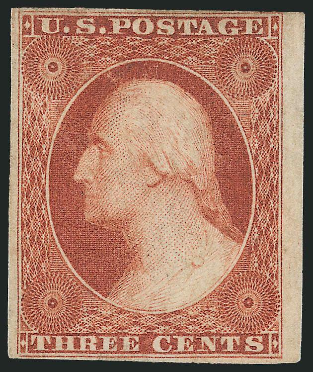 3c Orange Brown, Ty. II (10A).> Original gum, clear to large margins with part sheet margin at right, fresh, marvelous deep rich color<><>^VERY FINE. THE 3-CENT 1851 ORANGE BROWN IS DIFFICULT TO FIND IN THIS
EXCEPTIONALLY CHOICE ORIGINAL-GUM CONDIT
