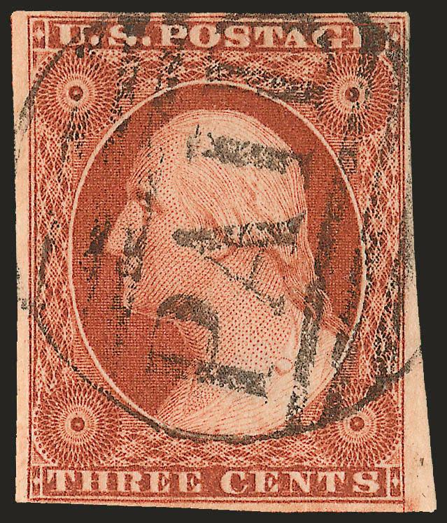 3c Copperish Orange Brown, Ty. II (10A var).> Position 90L2E, large margins to just clear at bottom left, incredibly deep rich color, neat strike of small Boston Paid grid, hinged to Dr. Amonette’s signed
plating card for display, Very Fine and cho