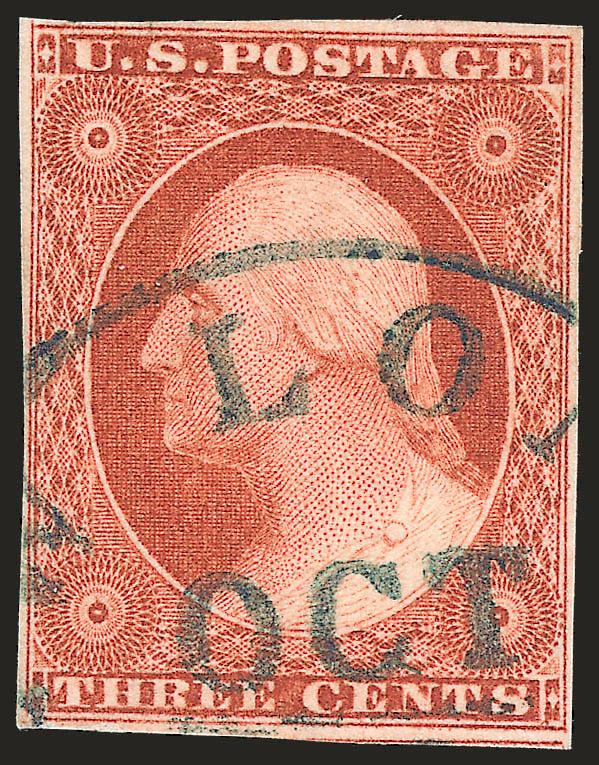 3c Copperish Orange Brown, Ty. II (10A var).> Position 27L2E, large margins to just clear at top left, gorgeous deep color, <blue-green> circular datestamp cancel, plated and color identified by Dr. Amonette,
Very Fine and choice, a fresh and attract