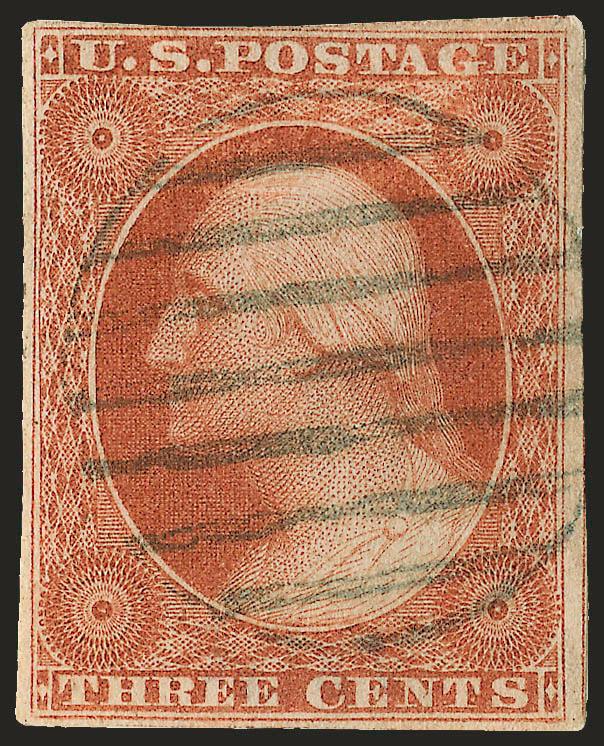 3c Orange Brown, Part India Paper (10 var).> Position 18L1E, large margins to just clear at top middle, rich color, neat strike of circular grid, measured for thickness (.0022 in.) and hinged to Dr. Amonette’s
signed plating card for display, Very Fi
