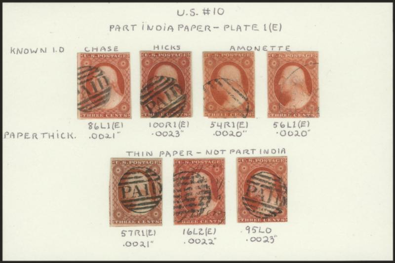 3c Orange Brown, Part India Paper Study Group (10-10A var).> Four stamps identified by Dr. Chase, Hicks or Dr. Amonette as <Part India Paper> from Plate 1E, each position plated, measured for thickness and
hinged to Dr. Amonette’s plating card for di