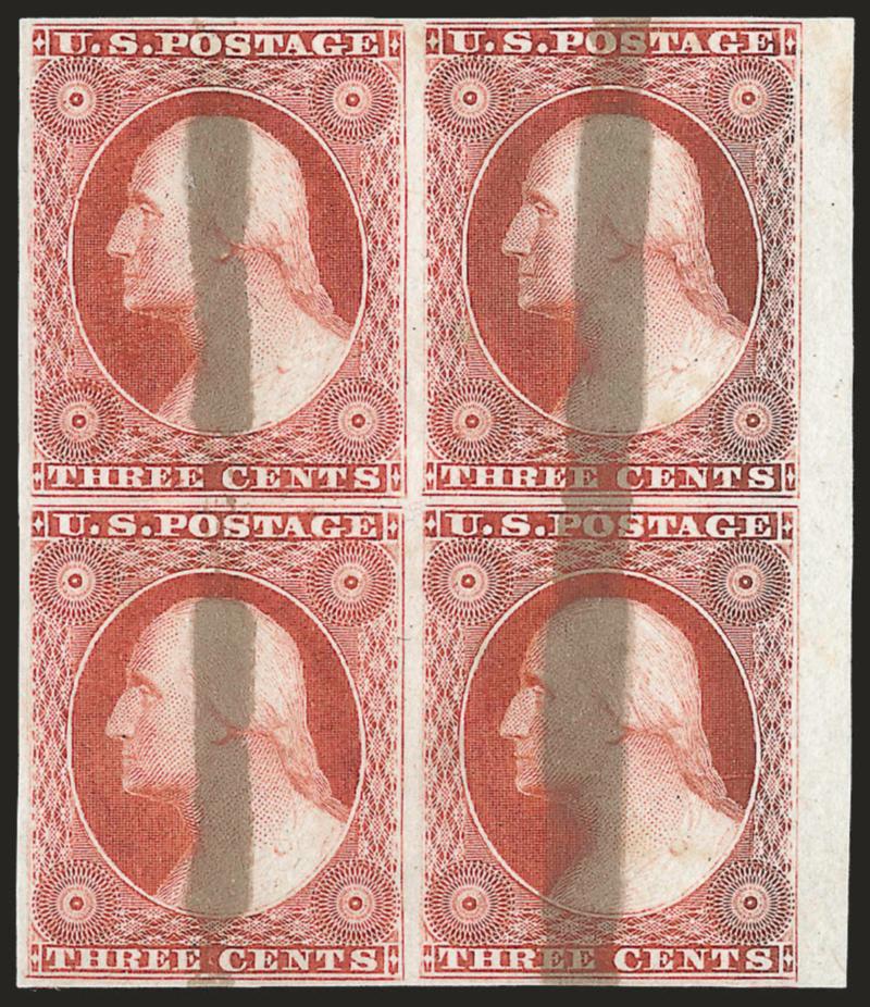 3c Red, Ty. I, Plate Proof on India, Brush Stroke Obliteration (11P3).> Block of four, <sheet margin> at right, margins large to clear other sides, rich color, small India paper wrinkle as normally found and of
little significance<><>^VERY FINE AND