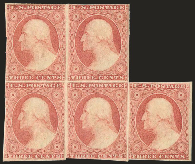3c Dull Red, Ty. I (11).> Block of five, original gum with small disturbance spots but never hinged, large margins to just in, bright color, few horizontal creases, Fine, this block was recently discovered
between the pages of an old book and is offe