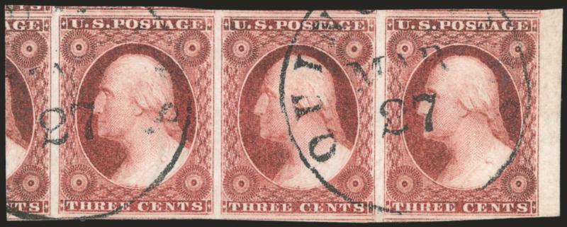 3c Claret, Ty. I (11 var).> Horizontal strip of three, enormous margins all around incl. <sheet margin at right,> significant portion of adjoining stamp at left, and also parts of adjoining stamps at top, neat
strikes of town circular datestamp, rich