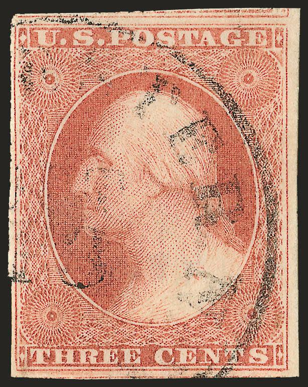 3c Pinkish, Ty. I (11 var).> Pos. 48L8, exceptionally beautiful color in the rare <pink shade>, large to huge margins, neat strike of circular datestamp, hinged to Dr. Amonette’s signed plating card which
states <<matches Dr. Chases master color ch