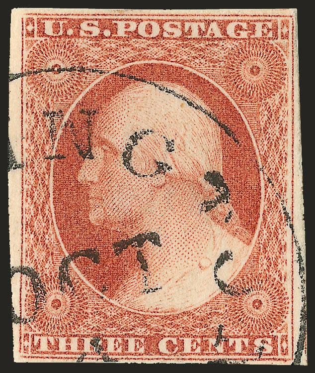 3c 1856 Orange Brown, Ty. I (11 var).> Positions 89L8, large margins to clear, deep rich color, circular datestamp cancel, Very Fine and choice, a beautiful example of this rare and desirable Plate 8 shade,
hinged to Dr. Amonette’s signed plating car
