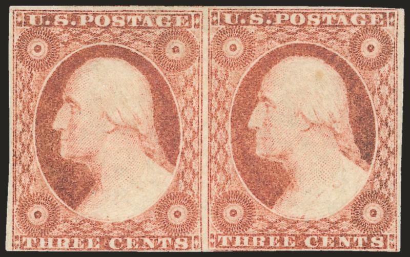 3c Dull Red, Ty. II (11A).> Horizontal pair, original gum, h.r., attractive margins three sides, touching to barely in at bottom, Fine