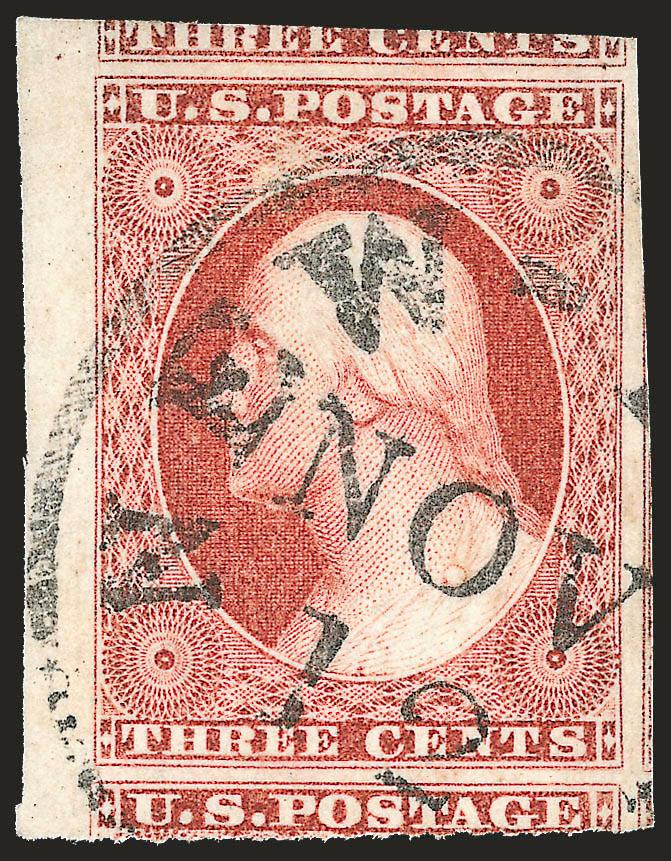3c Brownish Carmine, Ty. II (11A).> Huge margins all around incl. significant portion of adjoining stamps at top and bottom, part of adjoining stamp at right and <sheet margin> at left, brilliant color,
well-struck New York circular datestamp, Extrem