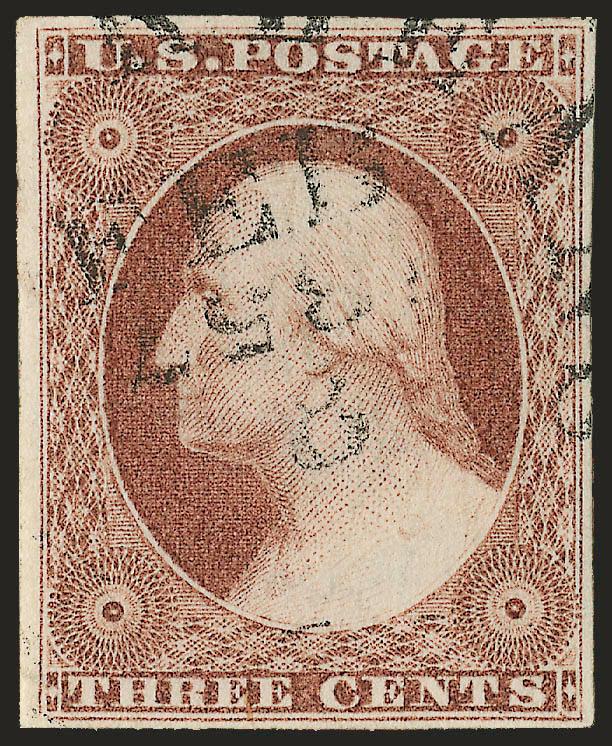 3c Plum, Ty. II (11A var).> Position 21R2L, large balanced margins all around, deep rich color in the true Plum shade, neat strike of Feb. 8, 1857 circular datestamp with <year date inverted,> hinged to Dr.
Amonette’s signed plating card for displa