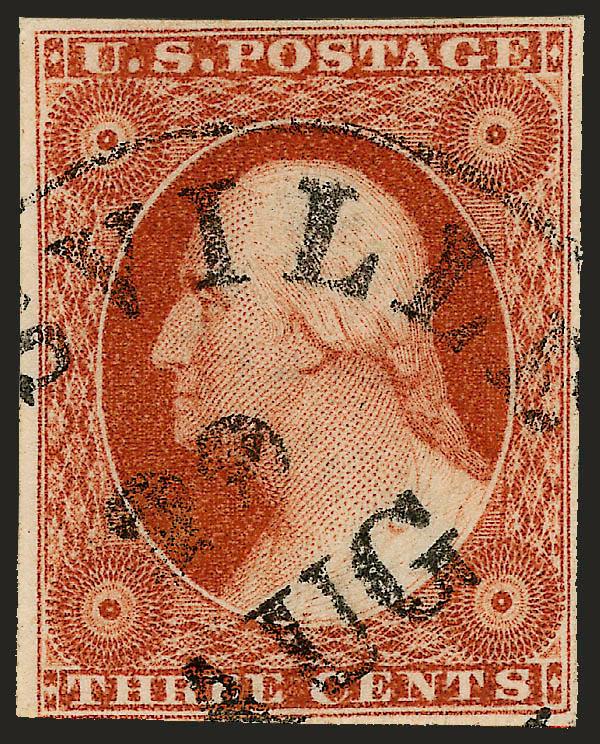 3c Experimental Orange Brown, Ty. II (11A var).> Position 21L1L, large margins to just clear at bottom left, brilliant color, circular datestamp cancel, fresh and Very Fine, a beautiful example of this mid-1852
shade, plated by Dr. Chase and hinged t