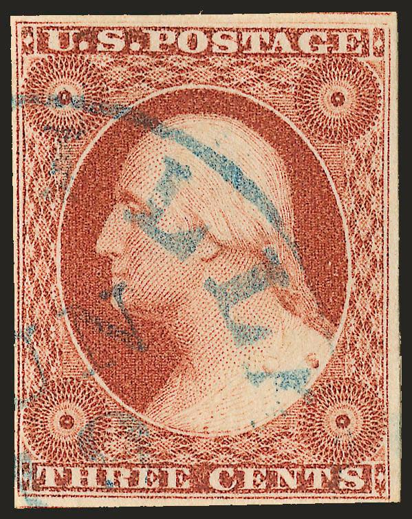 3c 1856 Orange Brown, Ty. II (11A var).> Positions 87L2L, vivid color, margins large to clear at left, neat strike of <blue> circular datestamp, Very Fine, a beautiful example of this rare and desirable Plate
2L shade, plated by Dr. Chase and hinged