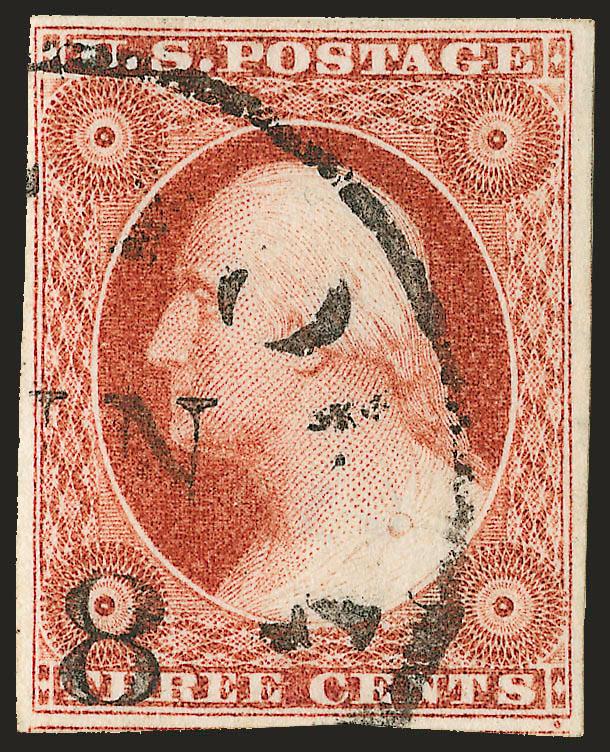 3c 1856 Orange Brown, Ty. II (11A var).> Positions 63R3, bright color, large margins all around, circular datestamp cancel, Very Fine and choice, a gorgeous example of this rare and desirable Plate 3 shade,
hinged to Dr. Amonette’s signed plating car