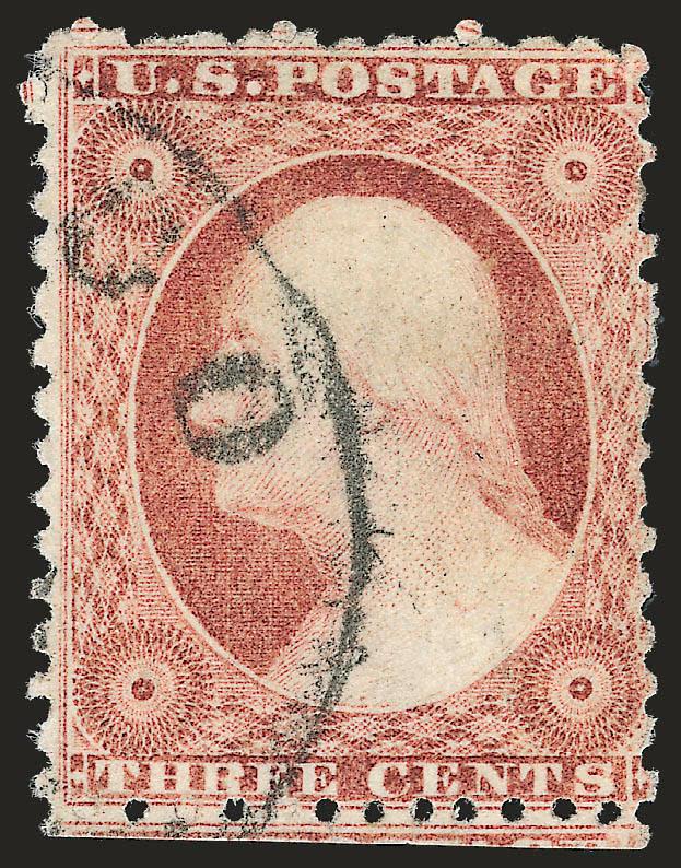 3c Dull Red, Ty. II, Chicago Perf 12-12 (11A var).> Position 59L3 with <extra line outside left frame line>, scissor separated at bottom with intact perfs, few unpunched perfs at top and right, part strike of
Chicago circular datestamp, Fine, scarce