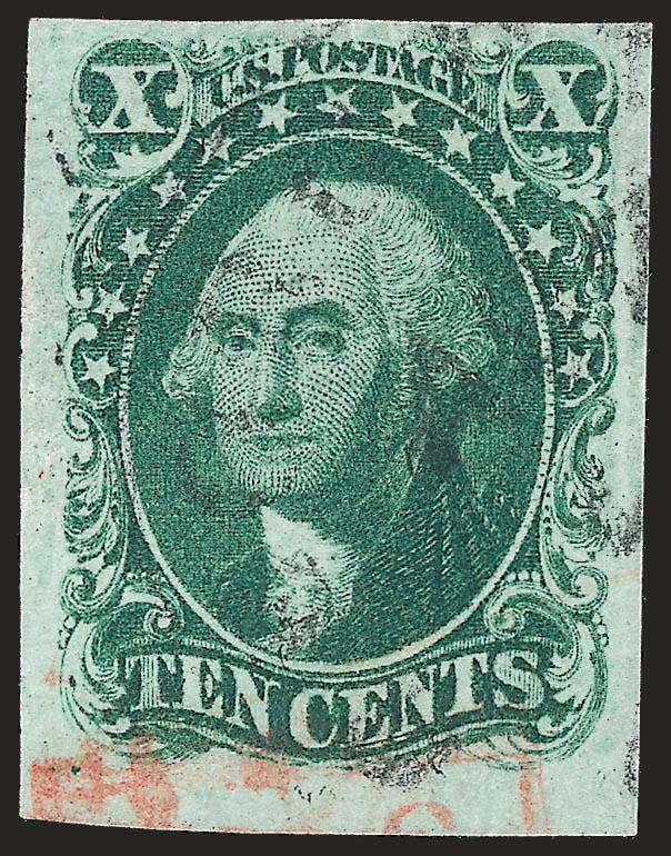 10c Green, Ty. I (13).> Large to huge margins all around incl. sheet margin at bottom, bright shade, light strike of circular datestamp and part of <red> cancel, Extremely Fine, a beautiful stamp, with 2009
P.S.E. certificate (XF 90 SMQ $1,600.00)