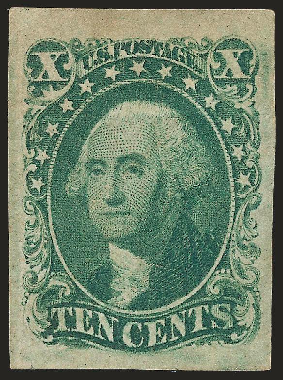 10c Green, Ty. II (14).> Disturbed part original gum, large to huge margins, corner crease top left, slightly toned, otherwise Extremely Fine, handsome looking