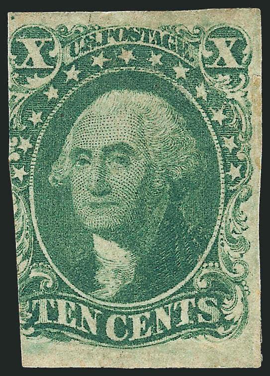 10c Green, Ty. IV (16).> Position 55L1, recut at bottom, unused (regummed), three large to huge margins, cut in at left, a rare stamp in unused condition, even this miserable copy deserves a home during the
holiday season, with 1999 P.S.E. certificat