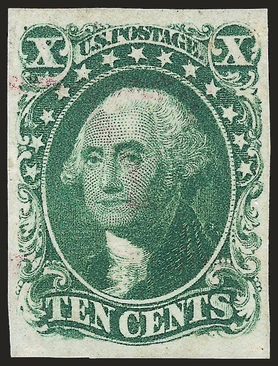 10c Green, Ty. IV (16).> Position 54L1, recut at bottom, large and even margins all around, bright color, light strike of <magenta> cancel<><>^EXTREMELY FINE. A BEAUTIFUL EXAMPLE OF THE 1855 10-CENT TYPE IV.
ESPECIALLY RARE WITH A MAGENTA CANCELLAT