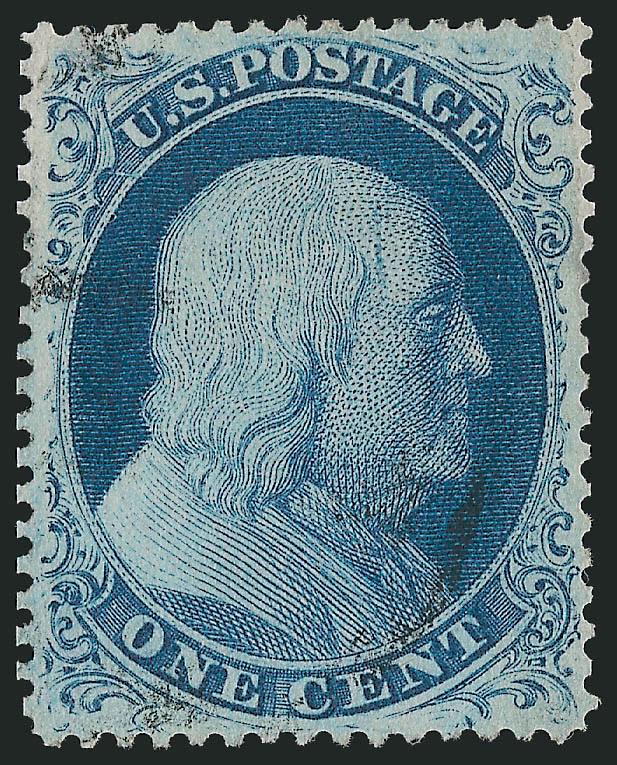 1c Blue, Ty. III (21).> Plate 4, well-centered, bright color, face-free cancel, repaired margin faults top left and top right, Extremely Fine appearance, with 2003 P.S.E. certificate (Good 30 SMQ
$495.00)