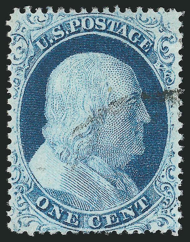 1c Blue, Ty. IV (23).> Recut once at top and once at bottom, lightly cancelled, deep rich color on bright paper, Very Fine and choice, with 1993 P.F. certificate for pair and 2006 P.S.E. certificate (F-VF 75
SMQ $380.00 as 70, $760.00 as 80)