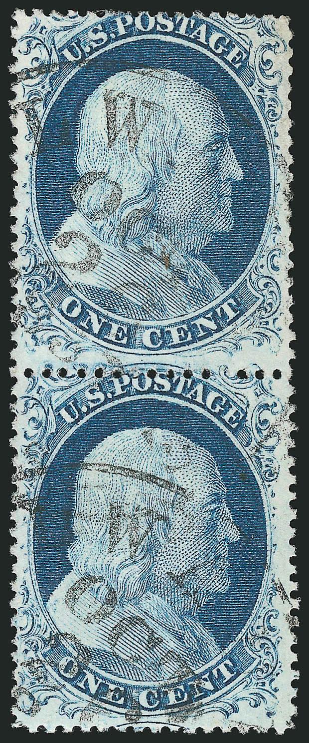 1c Blue, Ty. IV (23).> Vertical pair, deep rich color on bright paper, neat strikes of circular datestamp, light pressed-out vertical crease, appears Fine, with 1984 P.F. certificate