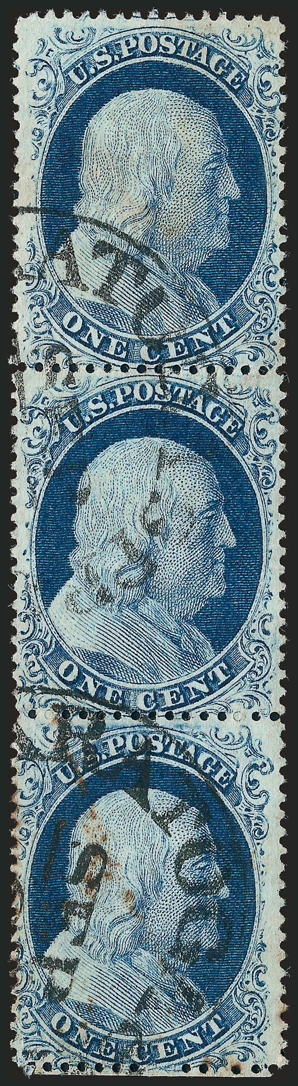 1c Blue, Ty. IV (23).> Positions 233343L1L, vertical strip of three, deep rich color, neat strikes of Saratoga Springs circular datestamp, some slight toning on top and bottom stamps, otherwise Very Fine, a
rare and attractive multiple of this Plat
