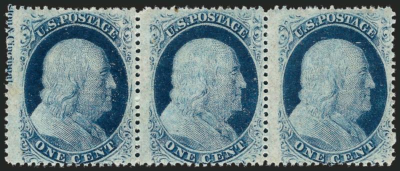 1c Blue, Ty. V (24).> Horizontal strip of three with <part imprint> at left, original gum, barest trace of what may be hinging (appear Mint N.H.), deep rich color, center stamp single perf tip with light
soiling, otherwise Very Fine, Scott Retail wit