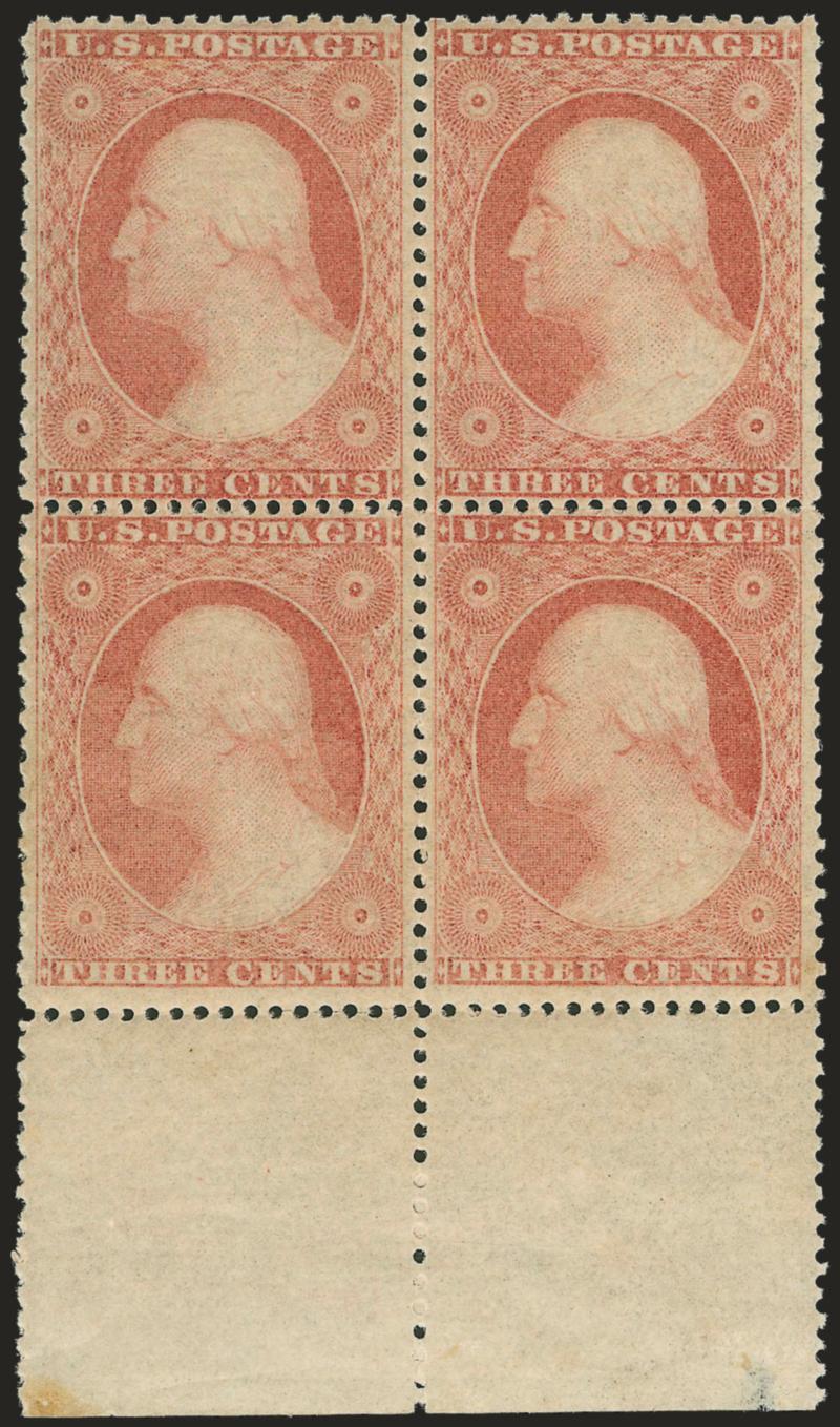 3c Dull Red, Ty. III (26). Mint N.H. bottom selvage block of four,> brilliant color, unusually choice centering for this difficult issue<><>^EXTREMELY FINE. A WONDERFULLY FRESH MINT NEVER-HINGED BLOCK OF FOUR
OF THE 1857 3-CENT TYPE III.^<><>With