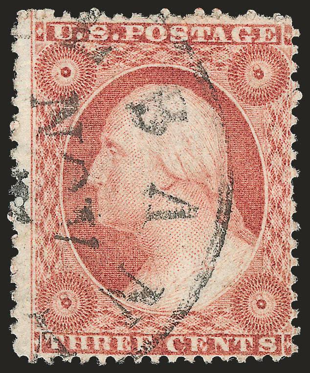 3c Dull Red, Ty. III, Double Transfer (26 var).> Position 87R15 with clear double transfer and showing rosettes double and line thru Postage and Three Cents, rich color, wide margins to just in at right, neat
circular datestamp, Fine example of t