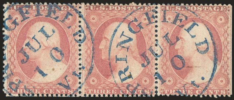 3c Dull Red, Ty. IV (26A).> Positions 78-80L10i, strip of three, Position 79 the Scott-listed Inner Line Recut at Left, bright color and choice centering for this difficult issue, perfect strikes of <blue
Springfield Vt. Jul. 10> circular datestamp