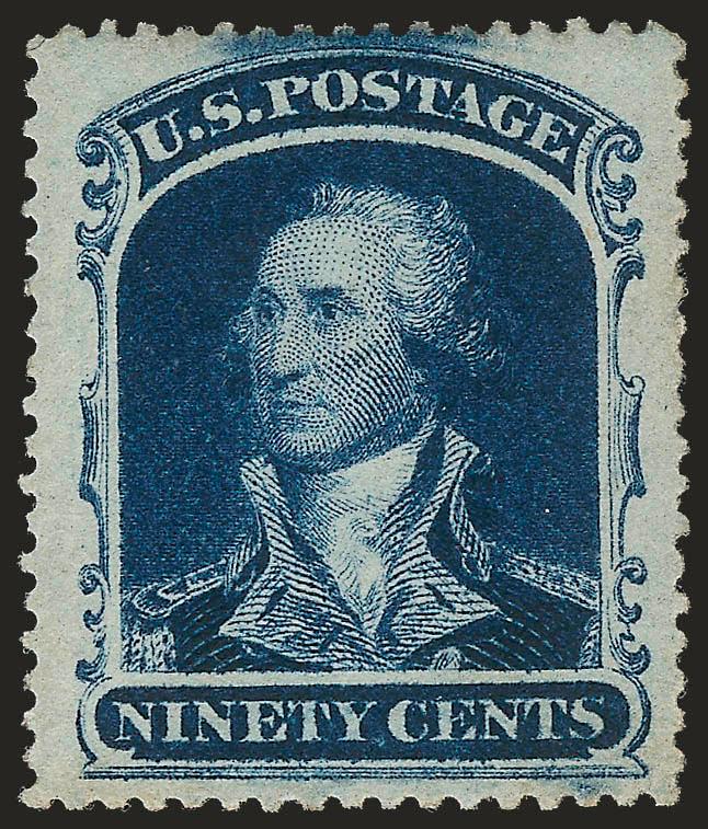 90c Blue (39).> Original gum, lightly hinged, deep rich color on bright paper, choice centering with unusually wide margins<><>^EXTREMELY FINE GEM. A SUPERB ORIGINAL-GUM EXAMPLE OF THE 90-CENT 1860
ISSUE^<><>With 2009 P.S.E. certificate (OGph, XF