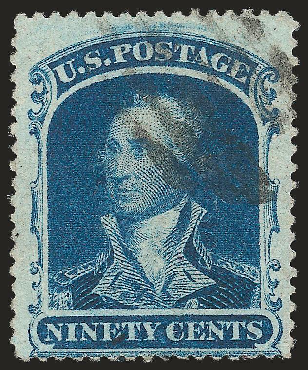 90c Blue (39).> Grid cancel, small thin spot just breaks paper with a minute pinhole, bottom perfs ever so slightly into outer frame line at bottom, Fine appearance for this rare used stamp