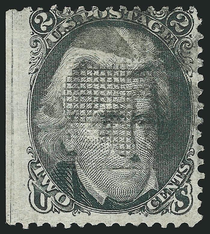 2c Black, Z. Grill (85B).> Wide <straddle-pane margin> at left with full centerline, clearly-defined grill which is highlighted by a neat circle of wedges cancel, centered to top, tiny thin spot at top right
not mentioned on accompanying certificate,