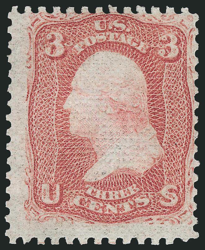 3c Rose, Z. Grill (85C).> Part original gum, lovely bright color, certificate notes tiny thin spot and minute 1mm perf tear<><>^FINE CENTERING. AN AFFORDABLE AND PRESENTABLE EXAMPLE OF THE RARE 1868 3-CENT Z
GRILL WITH LARGE PART ORIGINAL GUM.^<><