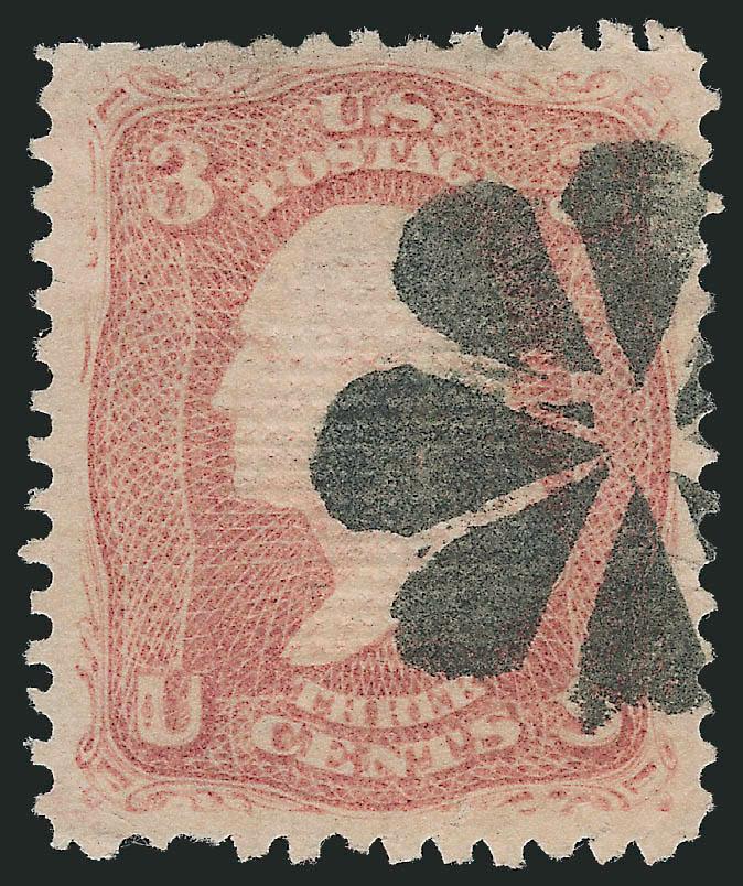 3c Rose, Z. Grill (85C).> Wider than usual margins, excellent color with bold rosette cancel, few blunt perfs at top, two small corner creases and small tear, otherwise Fine, an attractive example of this
scarce grilled stamp