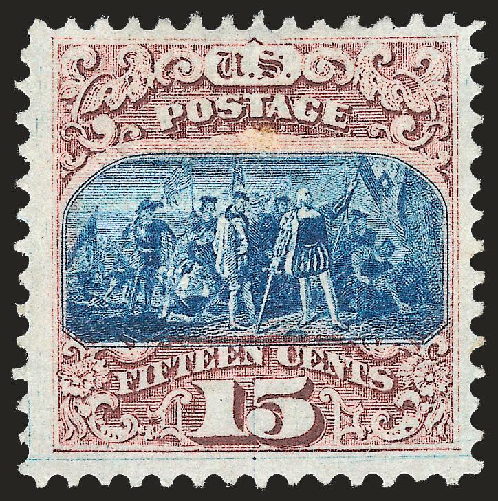 15c Brown & Blue, Ty. I (118).> Original gum, choice margins, fresh colors and paper<><>^VERY FINE. AN EXCEPTIONALLY DESIRABLE ORIGINAL-GUM EXAMPLE OF THE 1869 15-CENT TYPE I.^<><>With 2009 P.S.E. certificate.
The P.S.E. Population Report lists o